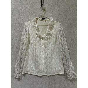 Vintage Blouse Top Shirt White Ruffled Lace Collar Cottagecore Judy Bond‎